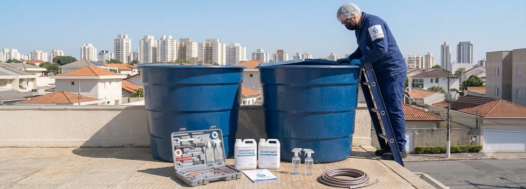 Profissional realizando Imunização e Desinfecção Bacteriológica de Caixas D'água em Joinville